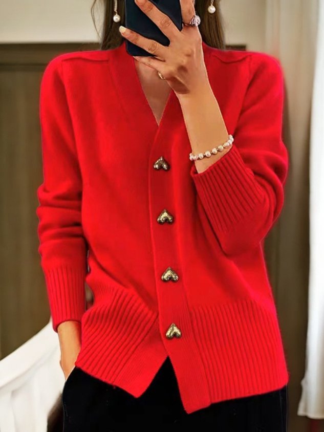 Damen Strickjacke Regular Fit V-Ausschnitt Herzknöpfe Strick Weich Alltag Elegant Büro Freizeit