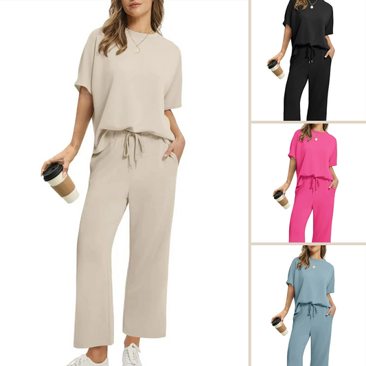 Damen zweiteiliges Set Top Hose locker elastisch bequem minimalistisch knöchellang