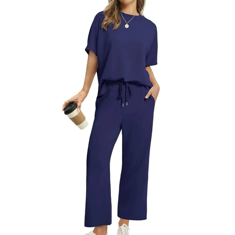 Damen zweiteiliges Set Top Hose locker elastisch bequem minimalistisch knöchellang