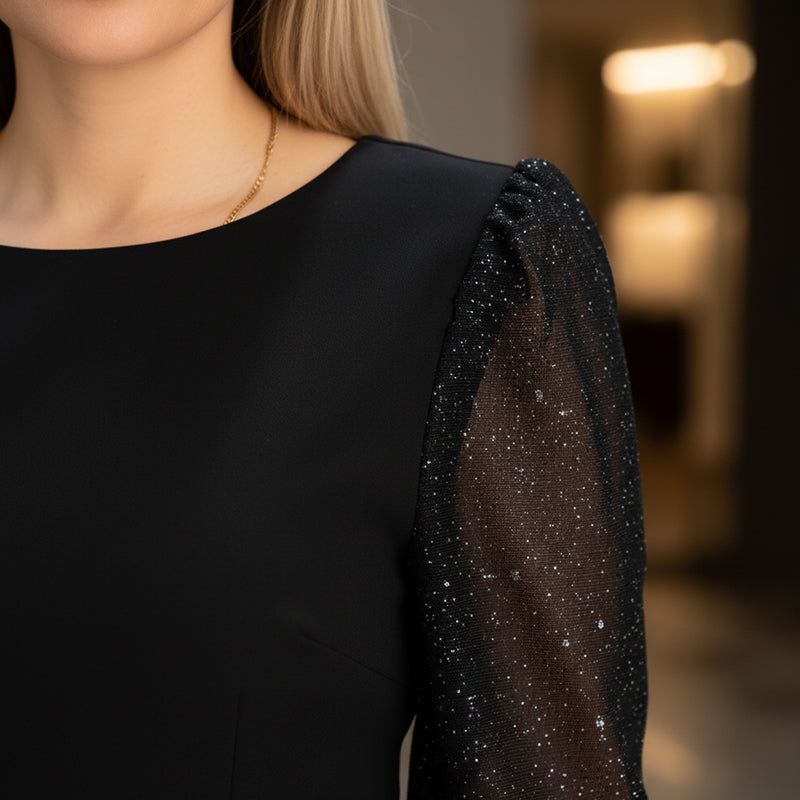 Damenkleid Pailletten ärmellos asymmetrisch schlank elegant Langarm