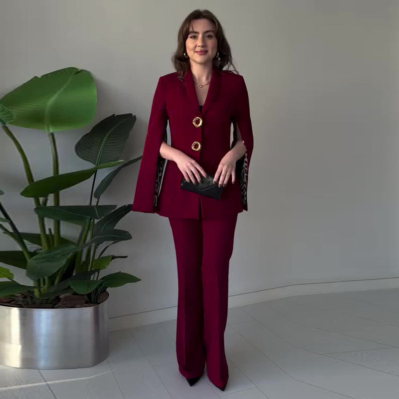 Damen Zweiteiler Regular Fit Blazer mit geteilten Ärmeln Hochtaillierte Hose Langarm Elegant Business Set