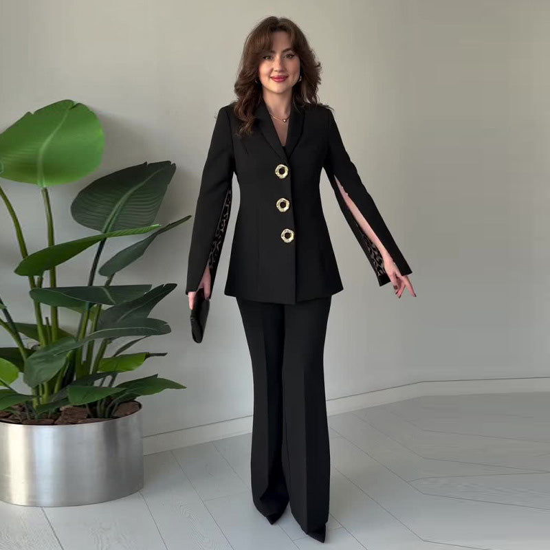 Damen Zweiteiler Regular Fit Blazer mit geteilten Ärmeln Hochtaillierte Hose Langarm Elegant Business Set