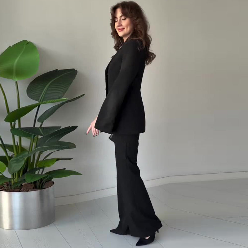 Damen Zweiteiler Regular Fit Blazer mit geteilten Ärmeln Hochtaillierte Hose Langarm Elegant Business Set