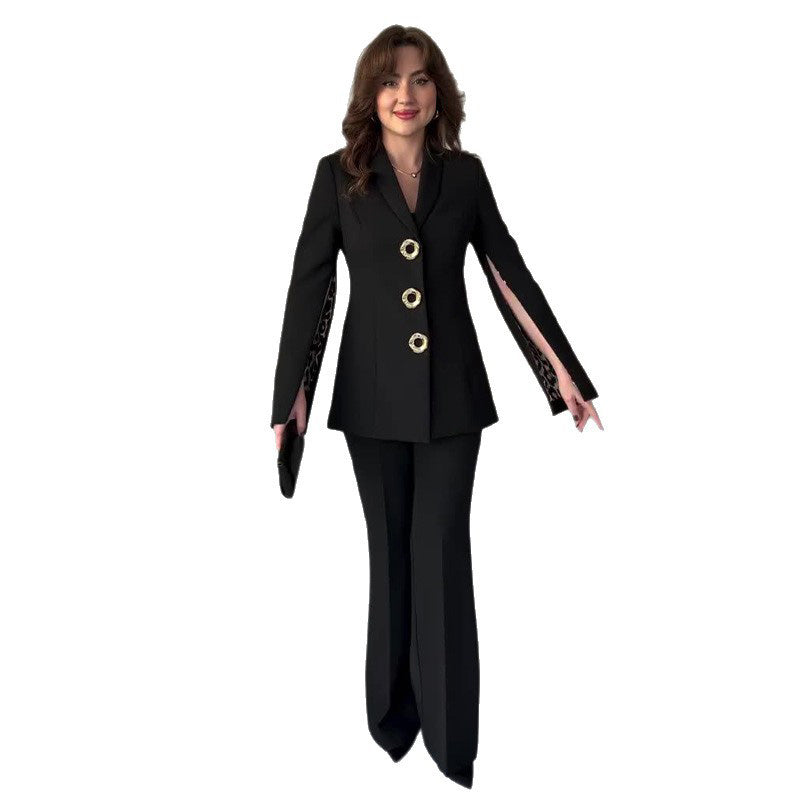 Damen Zweiteiler Regular Fit Blazer mit geteilten Ärmeln Hochtaillierte Hose Langarm Elegant Business Set