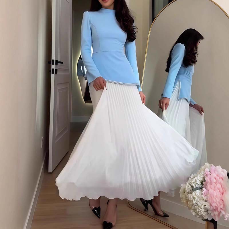 Damen Zweiteiler Regular Fit Langarm Stehkragen Asymmetrischer Saum Plisseerock A-Linie Hochtailliert Elegantes Freizeitkleid Set