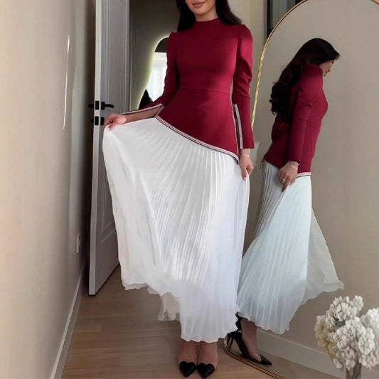 Damen Zweiteiler Regular Fit Langarm Stehkragen Asymmetrischer Saum Plisseerock A-Linie Hochtailliert Elegantes Freizeitkleid Set