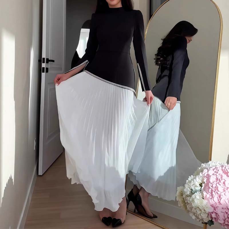 Damen Zweiteiler Regular Fit Langarm Stehkragen Asymmetrischer Saum Plisseerock A-Linie Hochtailliert Elegantes Freizeitkleid Set