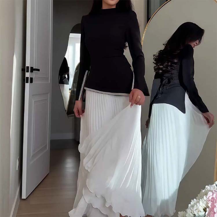 Damen Zweiteiler Regular Fit Langarm Stehkragen Asymmetrischer Saum Plisseerock A-Linie Hochtailliert Elegantes Freizeitkleid Set