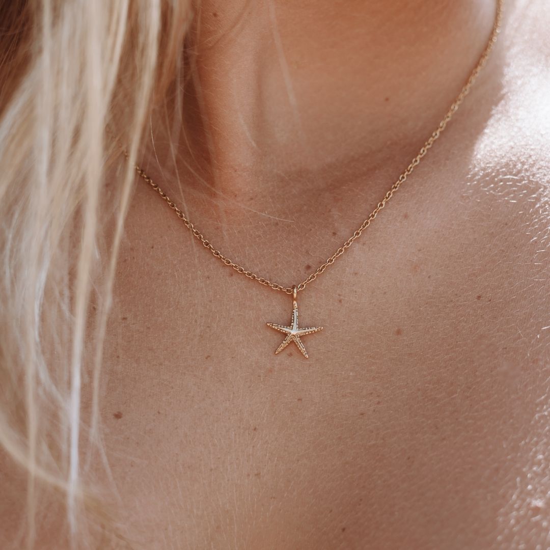 Damen Seestern Halskette Gold Anhänger verstellbar wasserfest hypoallergen Edelstahl maritim