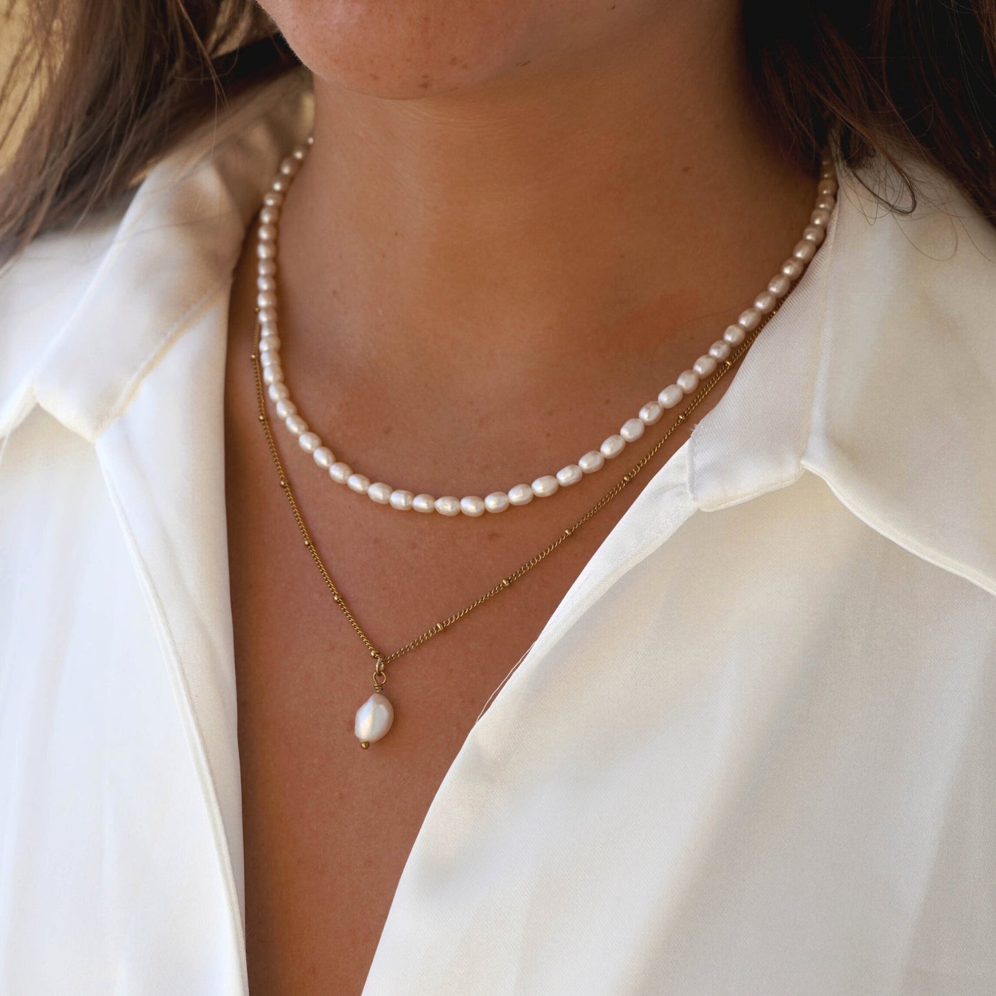 Damen Perlen Schmuckset Gold Süßwasserperlen Choker Barockperlen Anhänger verstellbar wasserfest Edelstahl