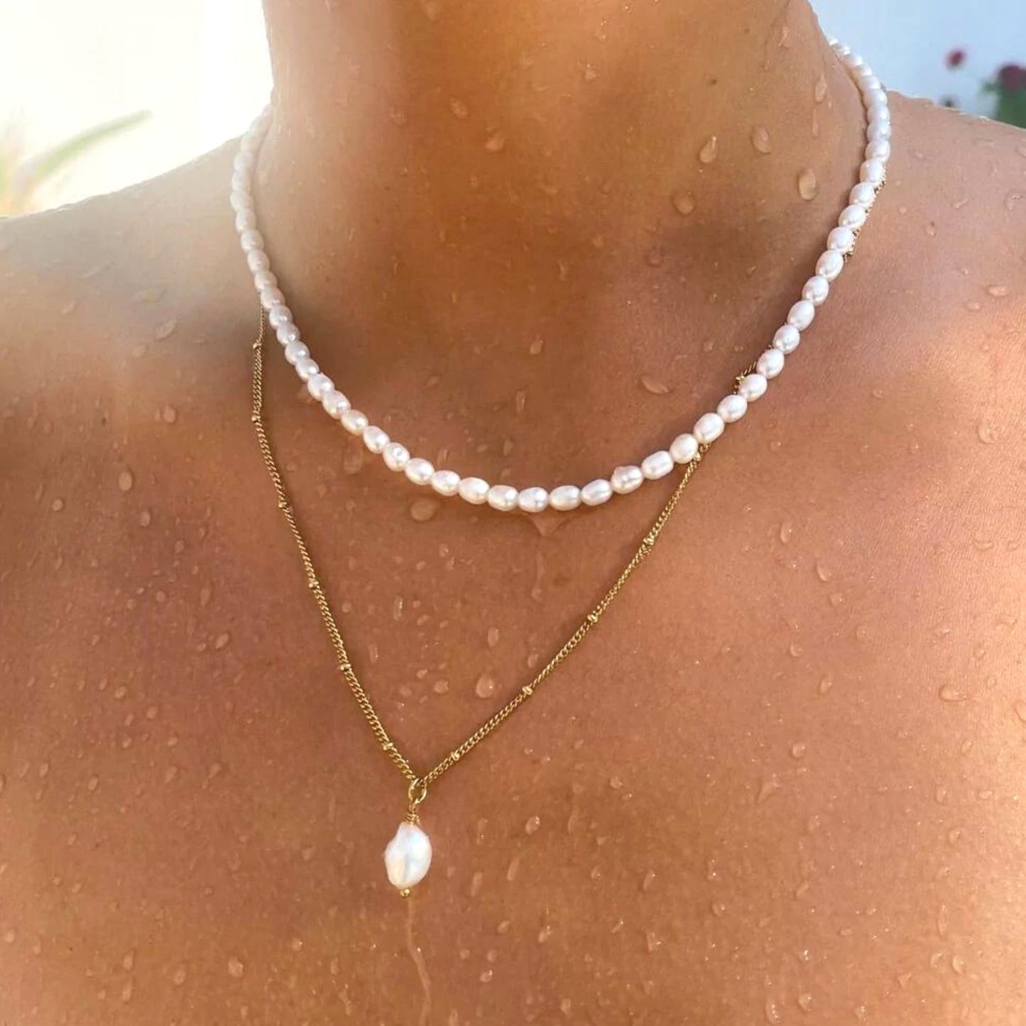 Damen Perlen Schmuckset Gold Süßwasserperlen Choker Barockperlen Anhänger verstellbar wasserfest Edelstahl