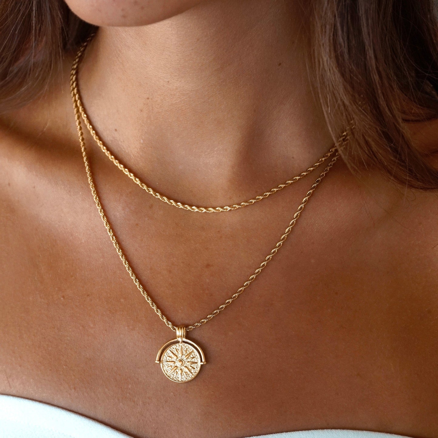 Damen Schmuckset Gold Sonnen Halskette Rope Chain verstellbar wasserfest Edelstahl Layering Set