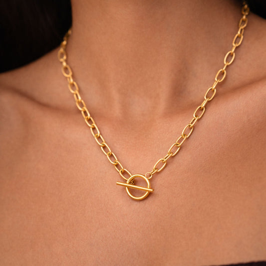 Damen Paperclip Choker Gold mit Toggle Verschluss Layering Halskette wasserfest hypoallergen Edelstahl