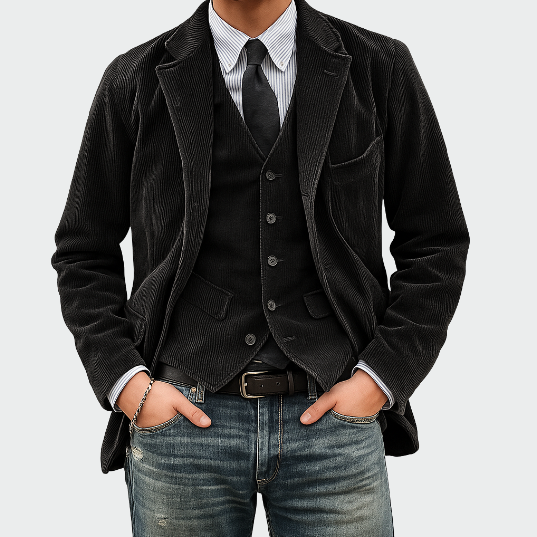 Herren Blazer-Set Slim Fit Samt Weste Zweiteilig Elegant Business Abend Freizeit