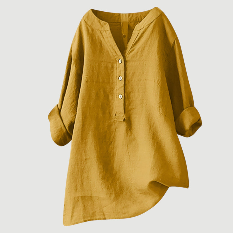 Damen Bluse Leinen, lockere Passform, V-Ausschnitt, Knopfleiste, langarm