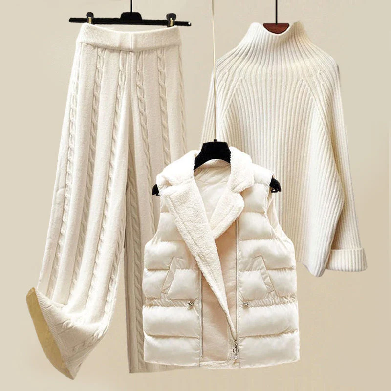 Strickset with a turtleneck, pants, and vest, cut loose, braid patterns