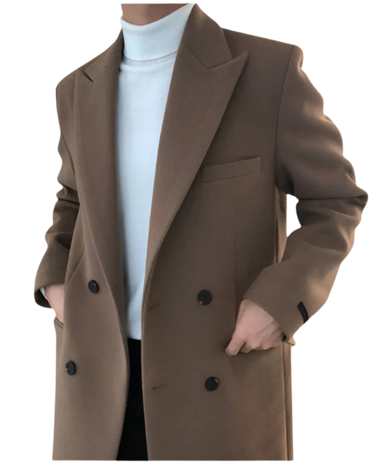 Herren Mantel Übergang Doppelreiher Elegant Regular Fit Lang Revers Klassisch