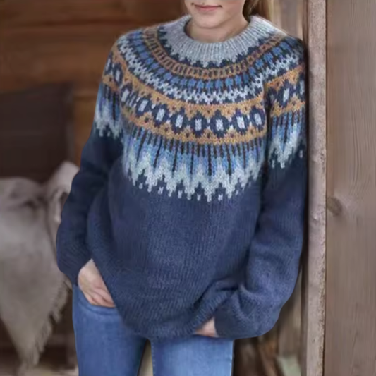 Damen Strickpullover Rundhals Muster Warm Komfort Winter Lässig