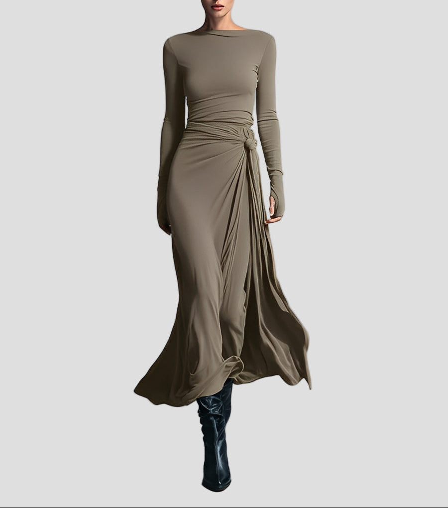 Damen Wickelstresskleid grau elastisches Langarm Figur seitliche Knoten Winterkleid