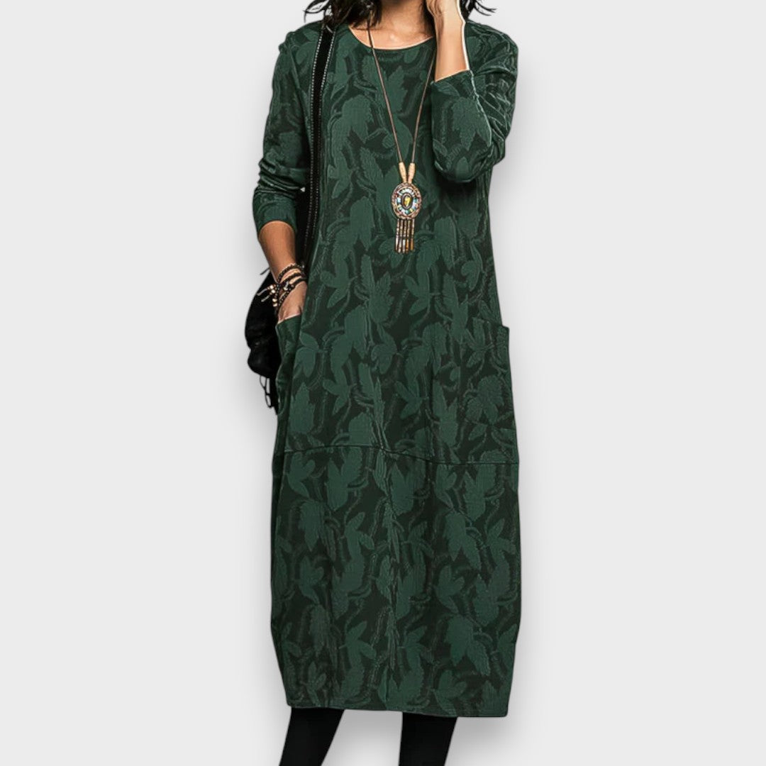Damen Kleid gemustert locker Passform Rundhals Seitentaschen bequem vielseitig