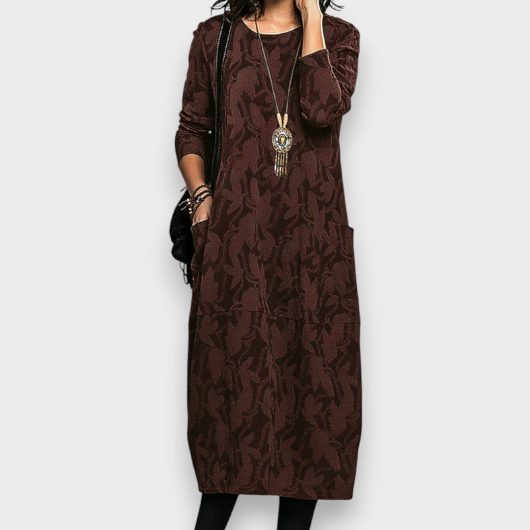 Damen Kleid gemustert locker Passform Rundhals Seitentaschen bequem vielseitig