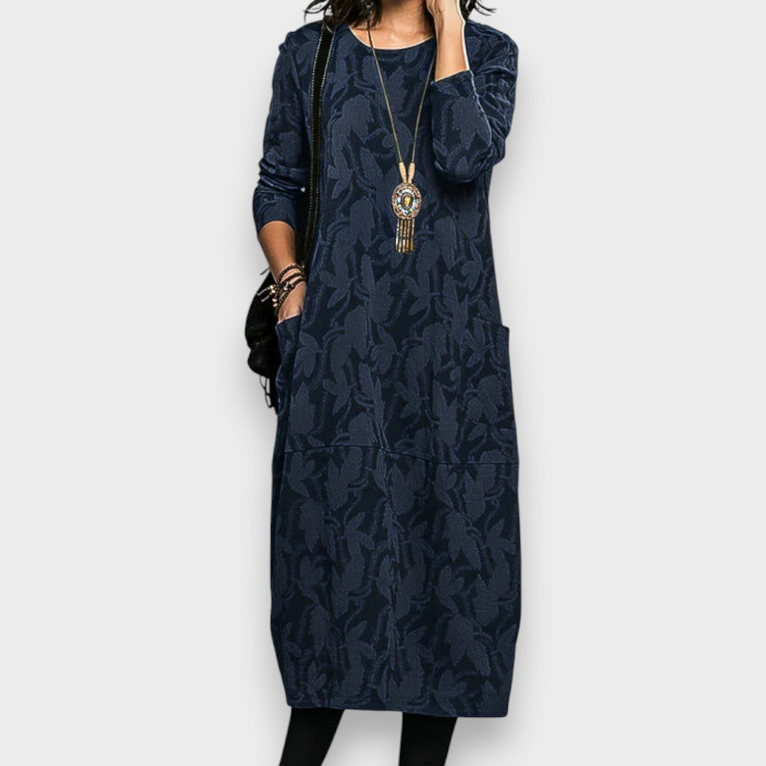 Damen Kleid gemustert locker Passform Rundhals Seitentaschen bequem vielseitig