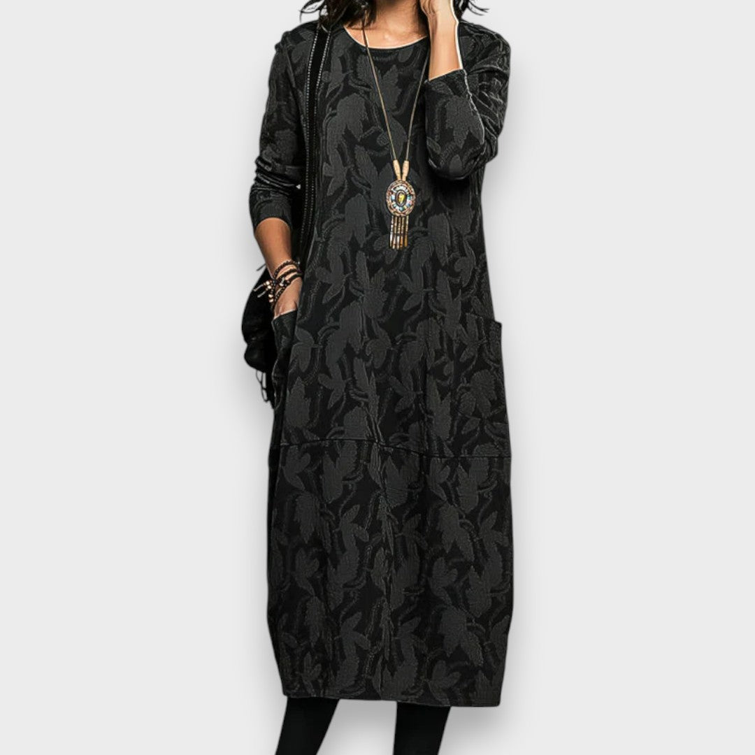 Damen Kleid gemustert locker Passform Rundhals Seitentaschen bequem vielseitig