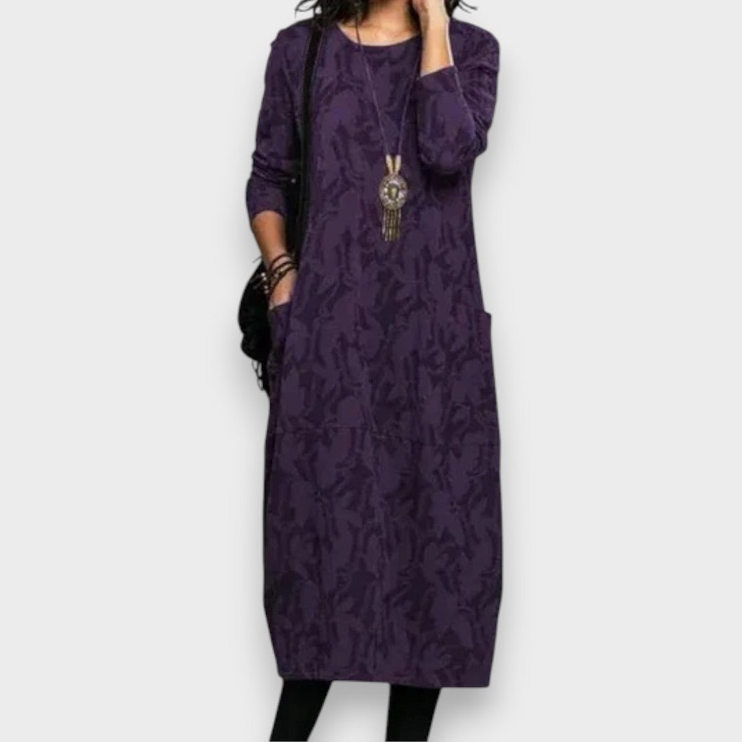 Damen Kleid gemustert locker Passform Rundhals Seitentaschen bequem vielseitig