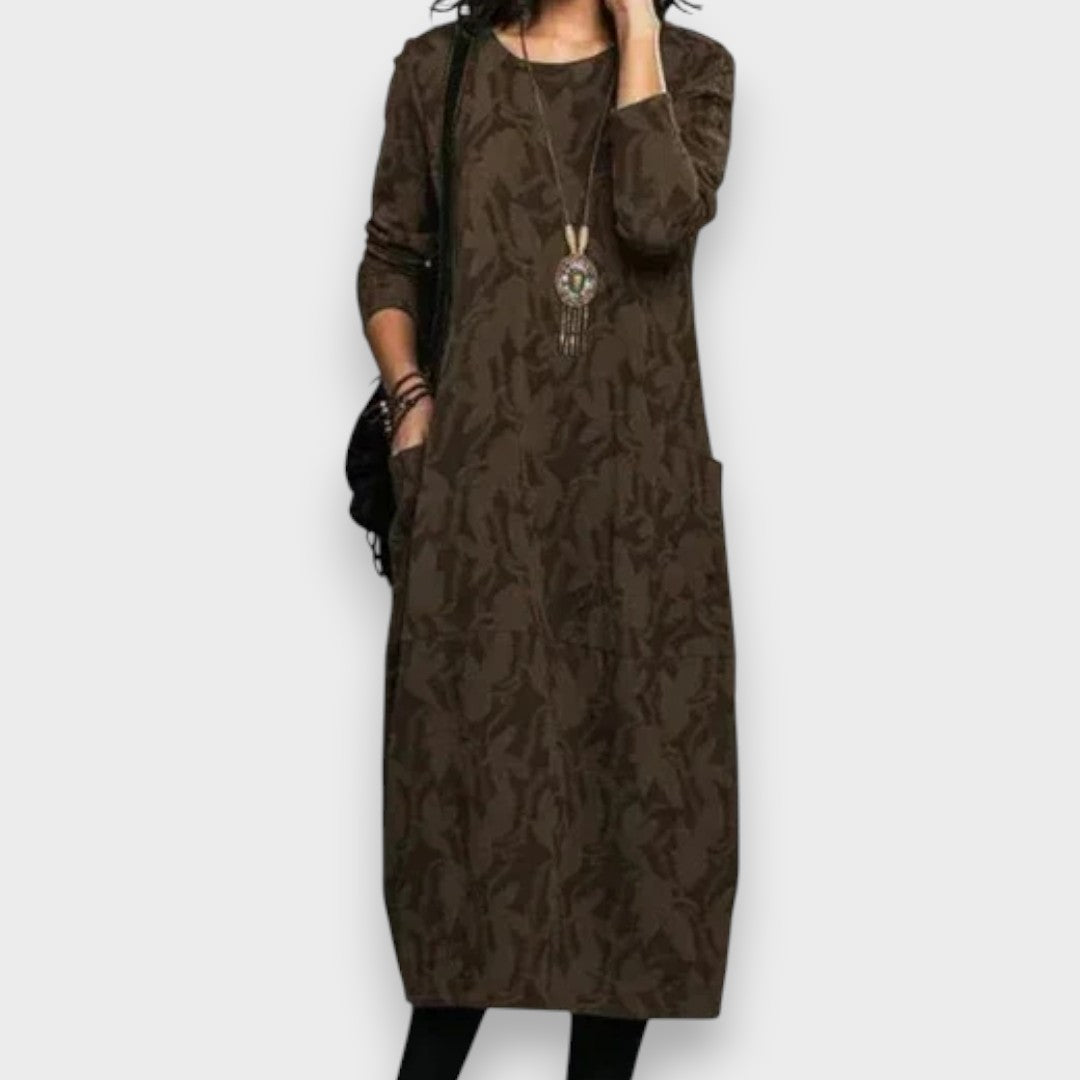Damen Kleid gemustert locker Passform Rundhals Seitentaschen bequem vielseitig