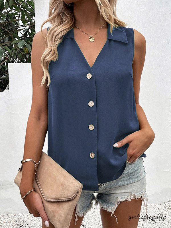 Ladies vest Top sleeveless Polyester Spandex solid color V-neck buttoned loose summer S-3X