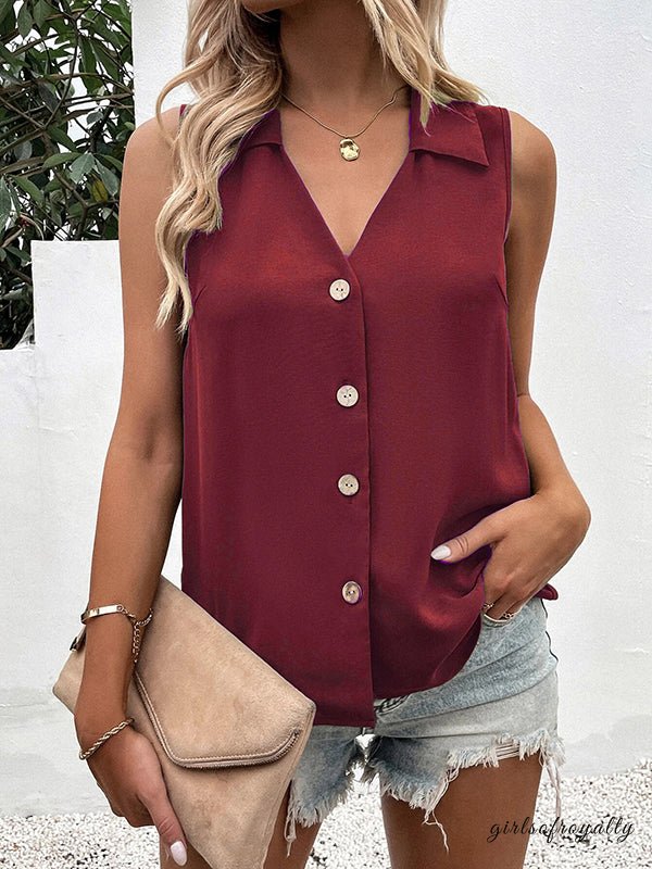 Ladies vest Top sleeveless Polyester Spandex solid color V-neck buttoned loose summer S-3X