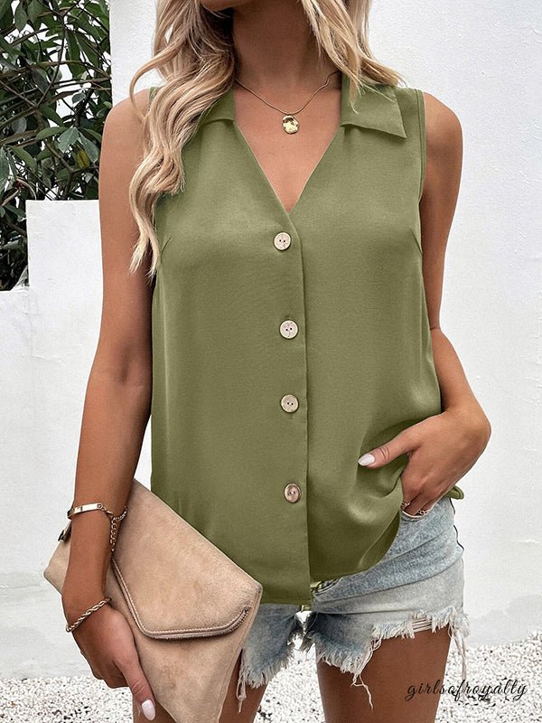 Ladies vest Top sleeveless Polyester Spandex solid color V-neck buttoned loose summer S-3X