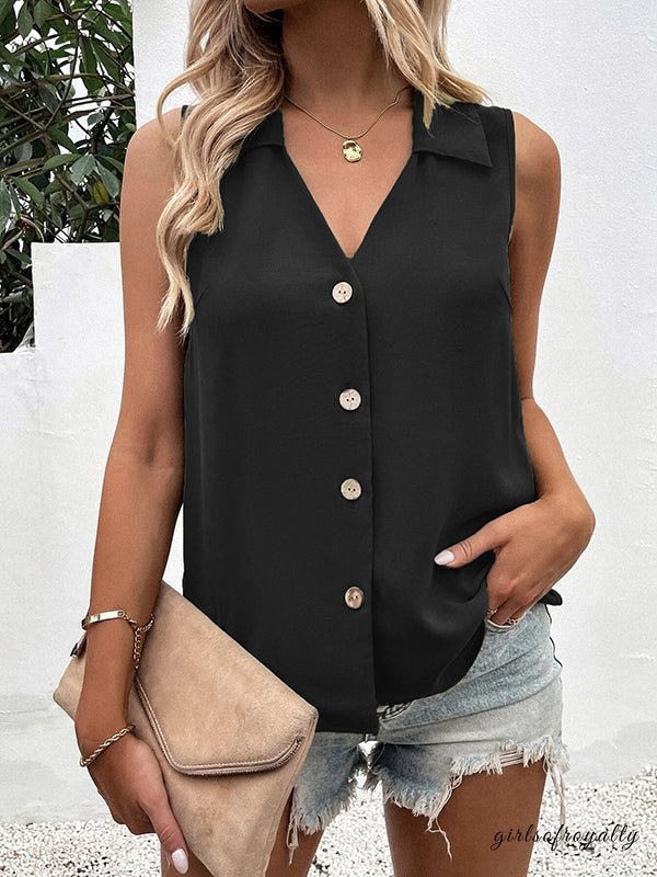 Ladies vest Top sleeveless Polyester Spandex solid color V-neck buttoned loose summer S-3X