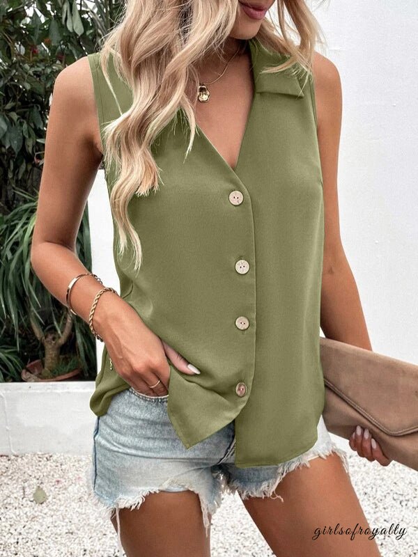 Ladies vest Top sleeveless Polyester Spandex solid color V-neck buttoned loose summer S-3X