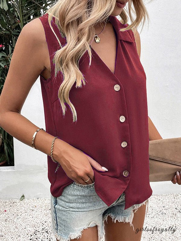 Ladies vest Top sleeveless Polyester Spandex solid color V-neck buttoned loose summer S-3X