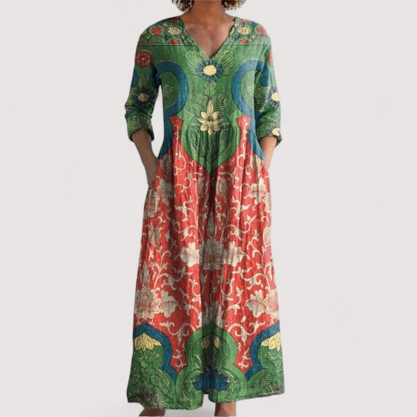 Damen Maxikleid Blumenmuster V-Ausschnitt locker Passform fließend elegant