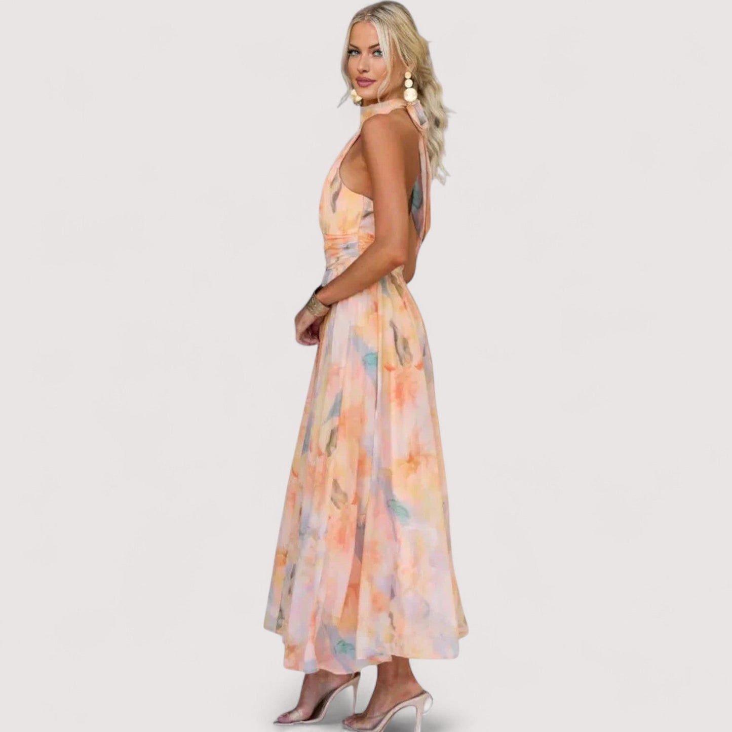Damen Maxikleid Neckholder offener Rücken hohe Taille fließend elegant
