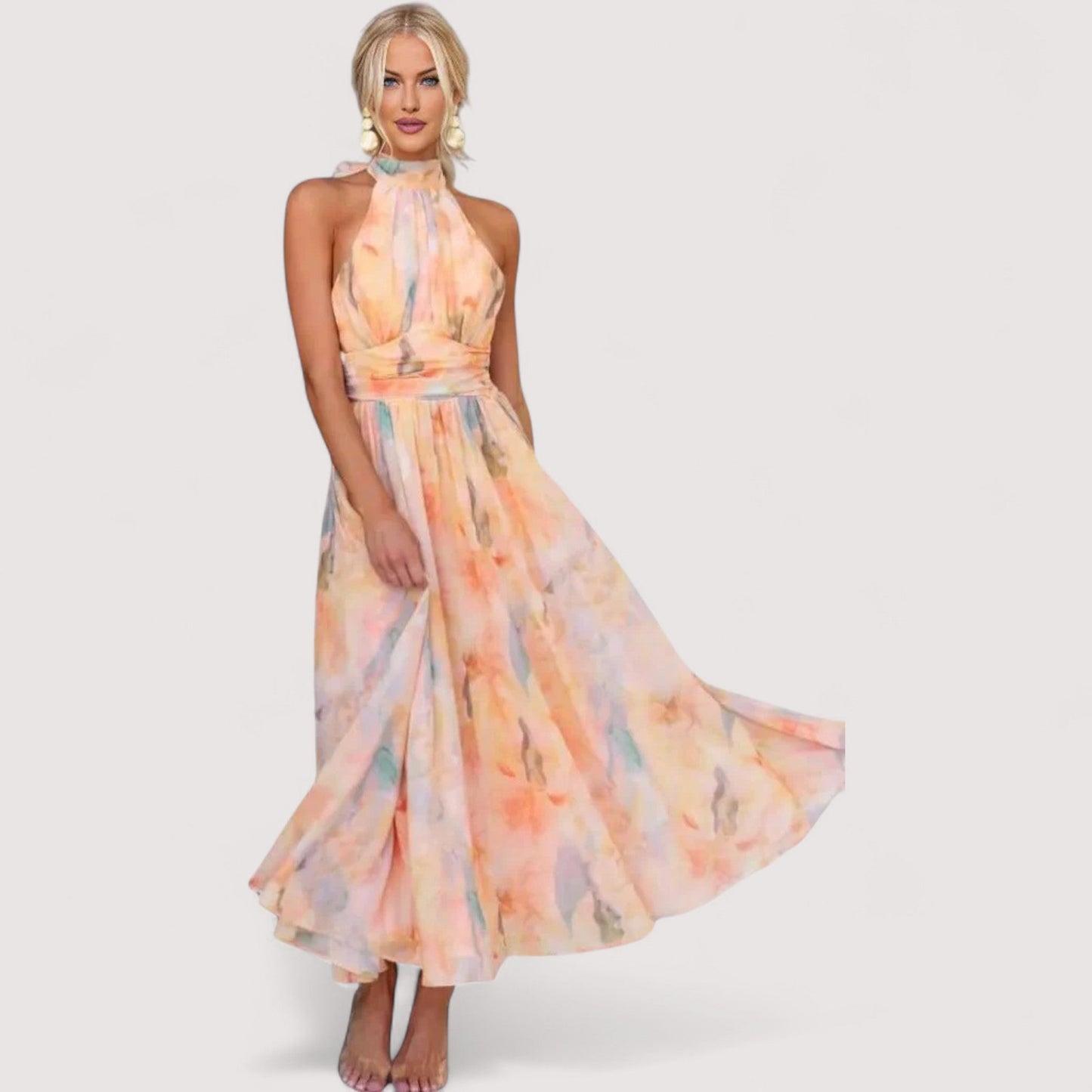 Damen Maxikleid Neckholder offener Rücken hohe Taille fließend elegant