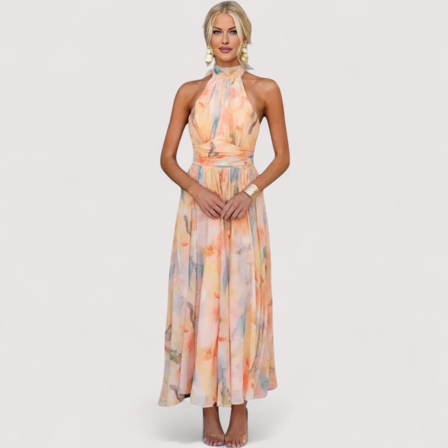 Damen Maxikleid Neckholder offener Rücken hohe Taille fließend elegant